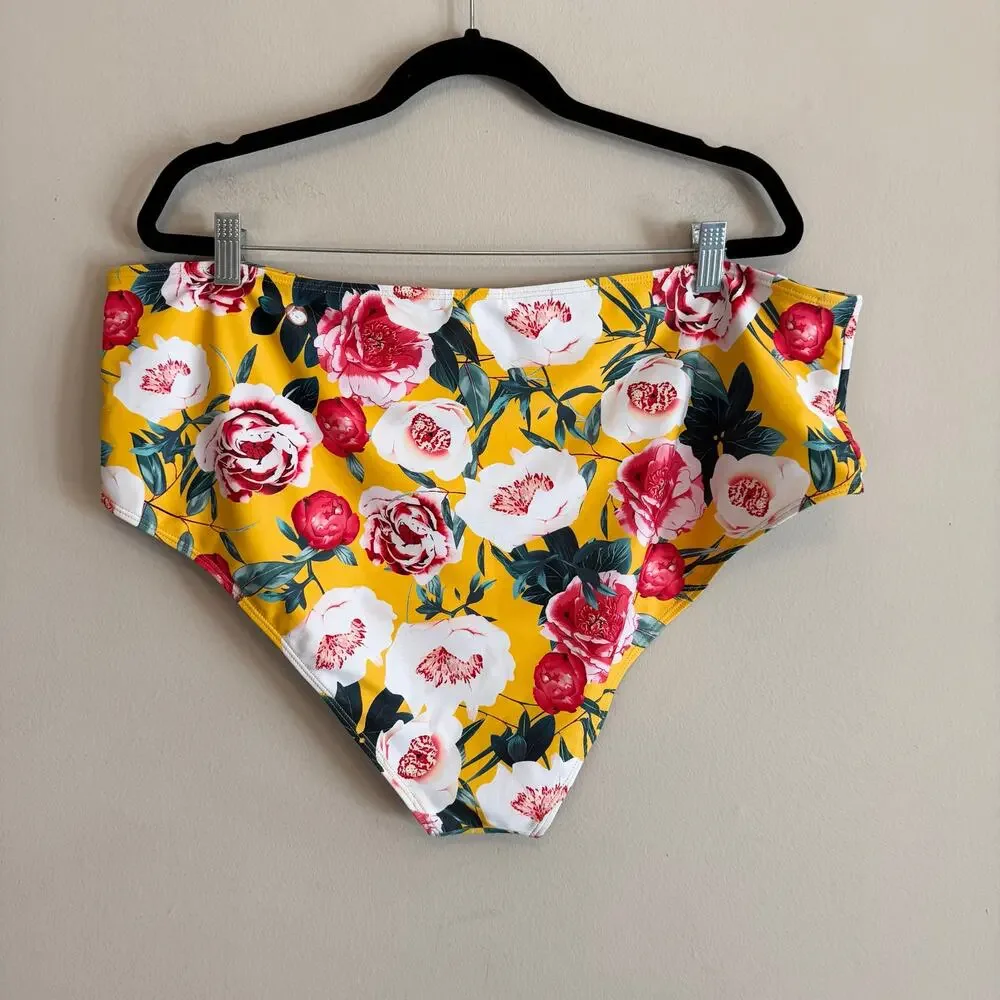 Womens‎ Yellow Floral Print Ruffle High Waist Bikini Set Swimwear 3XL